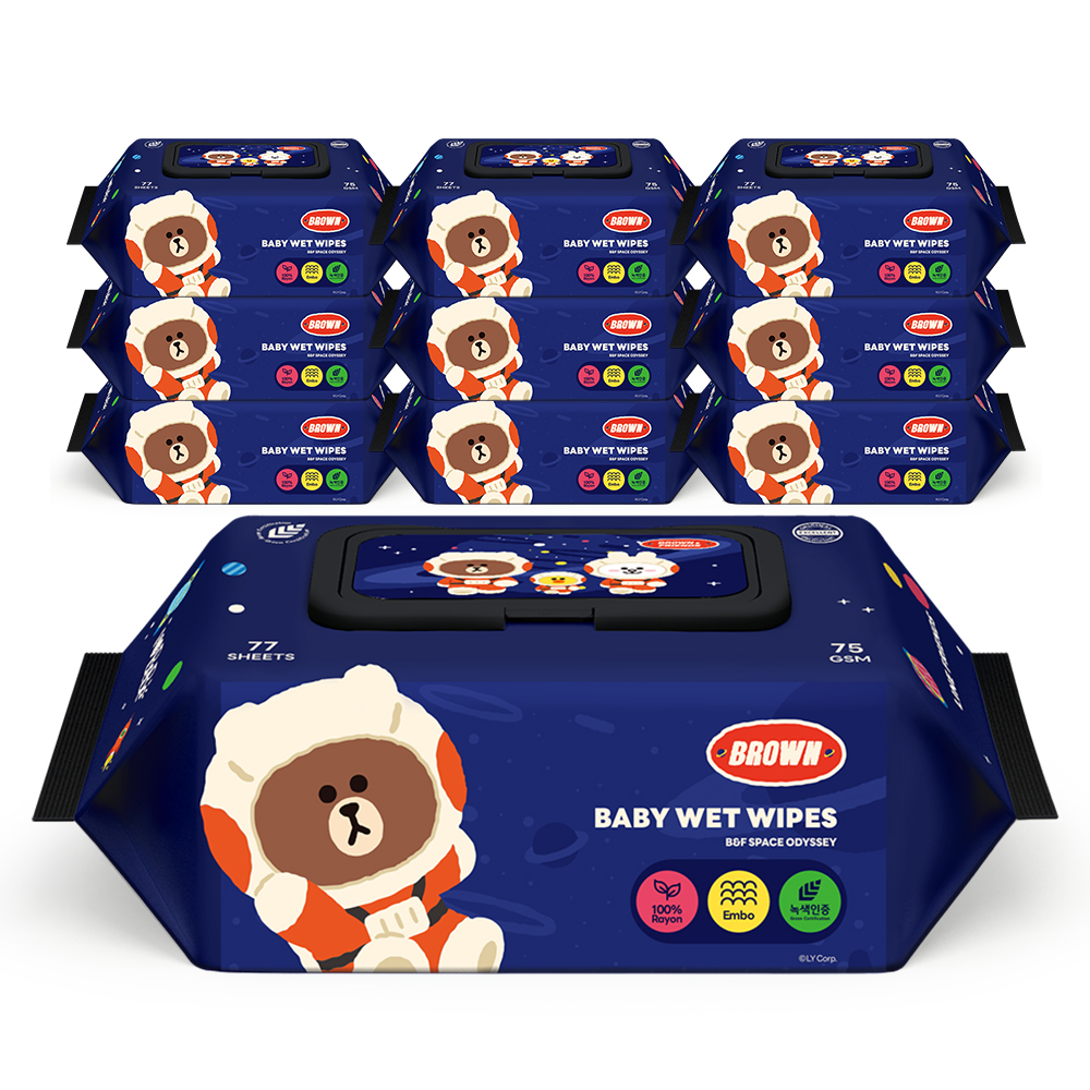 아이러브베베 라인프렌즈 우주프렌즈 77매 75g 10팩 캡형 아기물티슈
