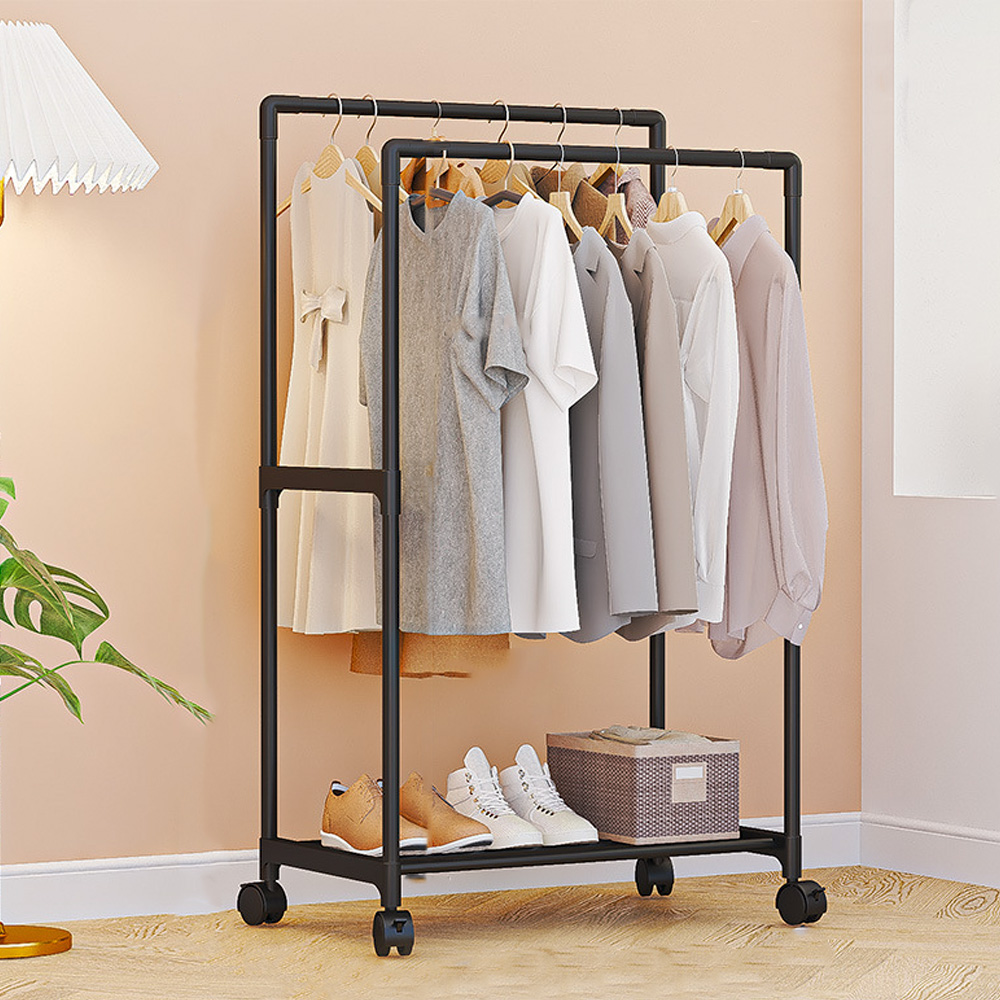 2단 수납 더블 이동식행거 일반형 조립식 선반 행거 스탠드 옷걸이 고정식 행거