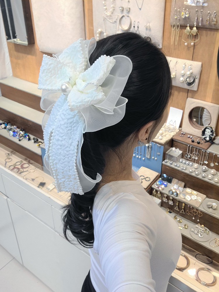 루루핀 머리핀시스루 위 테두리 진주 주름 원단 꼬리 왕리본 헤어핀 - 상품 이미지