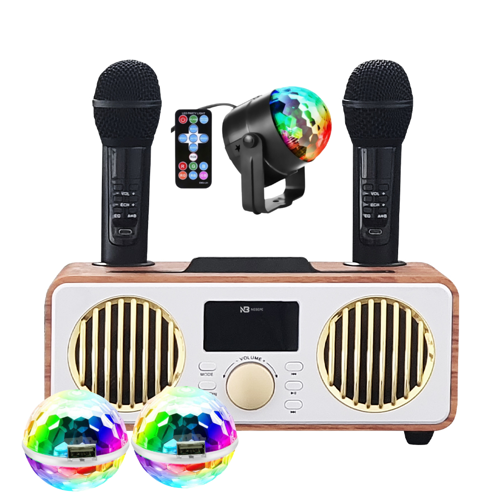 레트로 블루투스 노래방 마이크 듀얼 무선 명품 스피커 LED 미러볼 홈파티 차박 캠핑용