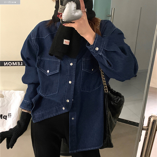 팔렌 밍크 기모 오버핏 데님 카라 하프 셔츠 3col 겨울 봄 도톰 따뜻 포켓 제이플로우 - 상세 이미지 3