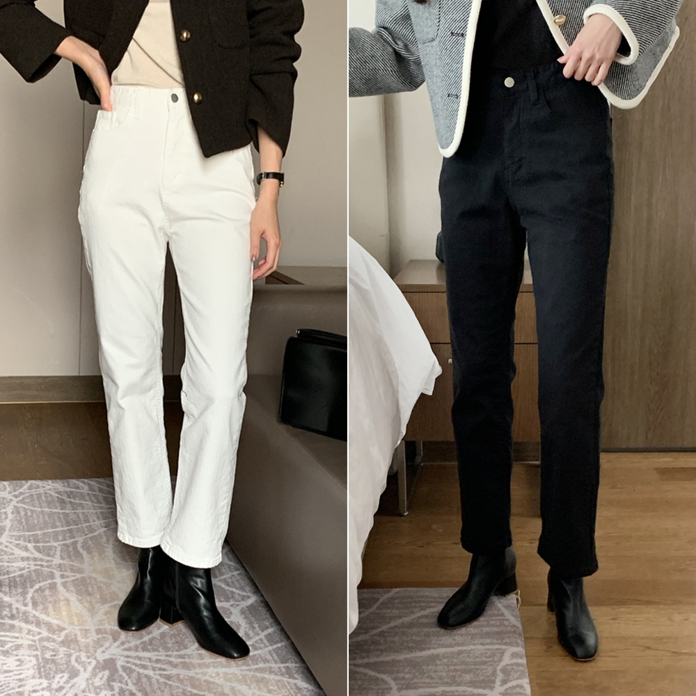소프트 코튼 스판 슬림 일자 바지 여자 기모바지 면바지 여성 겨울팬츠 화이트 블랙 크림 - 상품 이미지