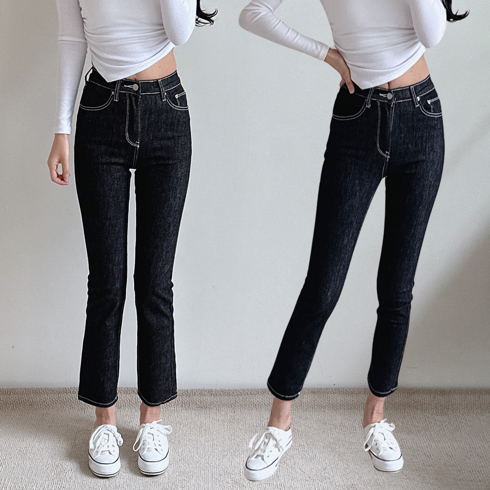 여자 청바지 슬림 일자 3단기장 이염없는 생지 하이웨스트 키작녀 허리 스판 9부 빅사이즈