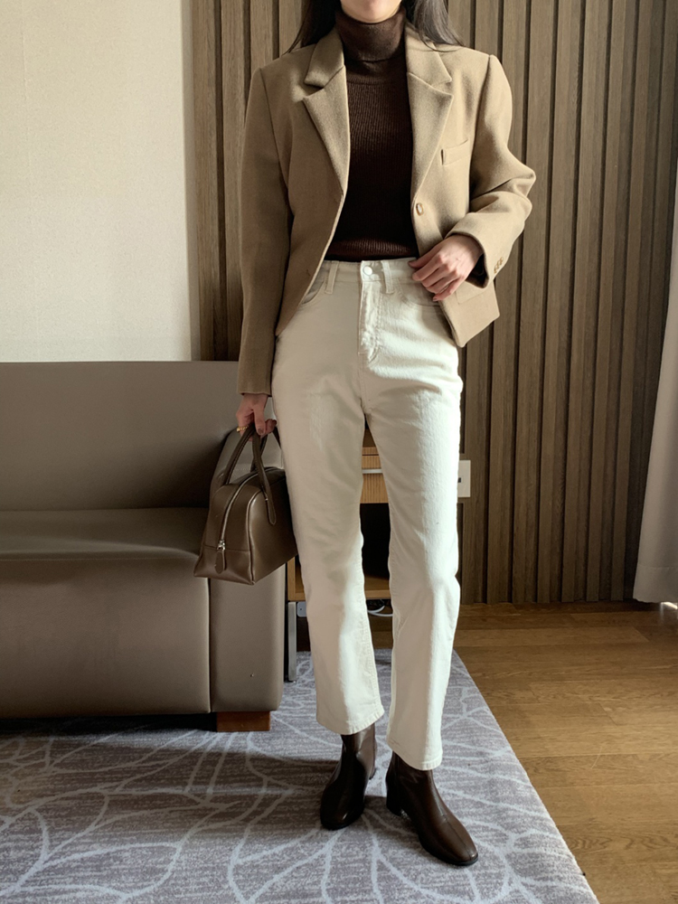 소프트 코튼 스판 슬림 일자 바지 여자 기모바지 면바지 여성 겨울팬츠 화이트 블랙 크림 - 상세 이미지 5