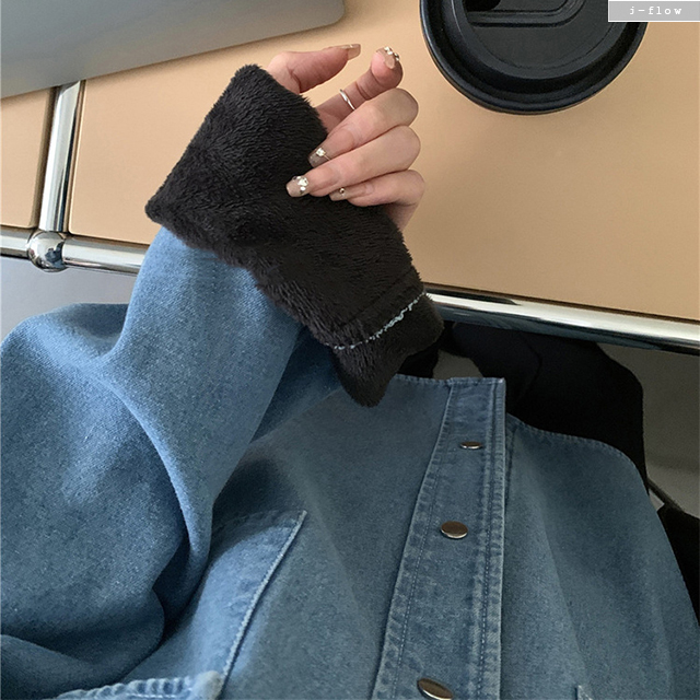 팔렌 밍크 기모 오버핏 데님 카라 하프 셔츠 3col 겨울 봄 도톰 따뜻 포켓 제이플로우 - 상세 이미지 5
