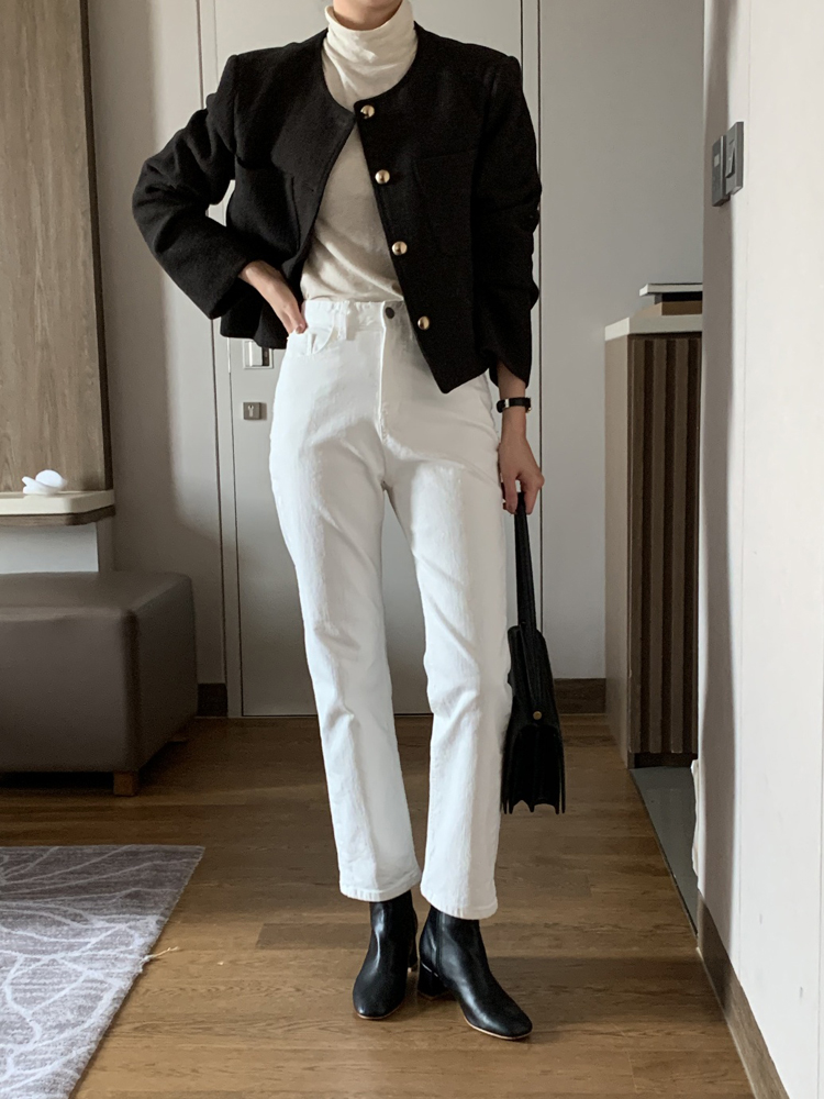 소프트 코튼 스판 슬림 일자 바지 여자 기모바지 면바지 여성 겨울팬츠 화이트 블랙 크림 - 상세 이미지 4