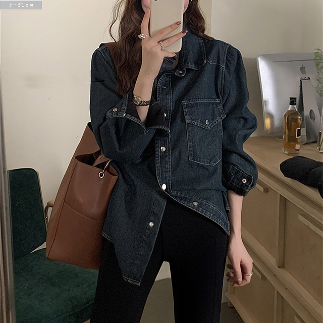 팔렌 밍크 기모 오버핏 데님 카라 하프 셔츠 3col 겨울 봄 도톰 따뜻 포켓 제이플로우 - 상세 이미지 2