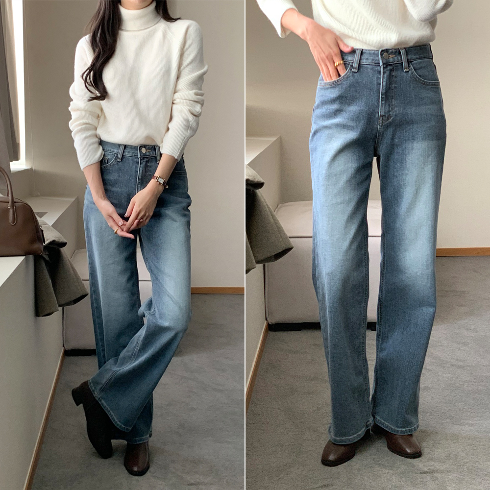 겨울 하이웨스트 워싱 여자 기모 청바지 세미와이드 데님팬츠 일자 여성청바지 와이드진 - 상품 이미지
