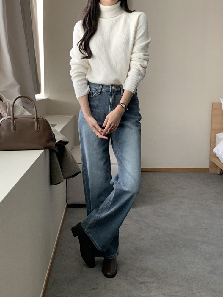 겨울 하이웨스트 워싱 여자 기모 청바지 세미와이드 데님팬츠 일자 여성청바지 와이드진 - 상세 이미지 2