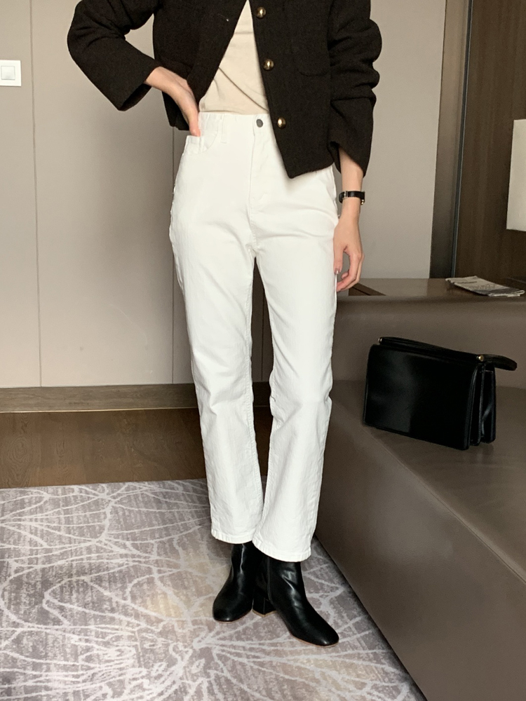 소프트 코튼 스판 슬림 일자 바지 여자 기모바지 면바지 여성 겨울팬츠 화이트 블랙 크림 - 상세 이미지 3