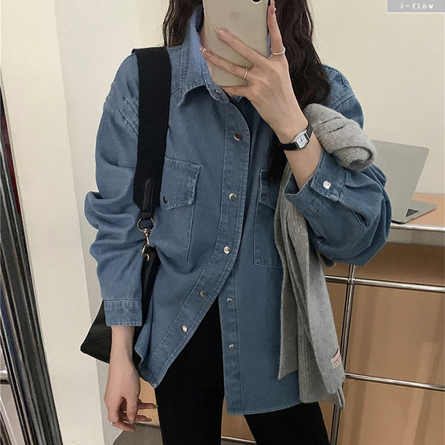 팔렌 밍크 기모 오버핏 데님 카라 하프 셔츠 3col 겨울 봄 도톰 따뜻 포켓 제이플로우 - 메인 이미지