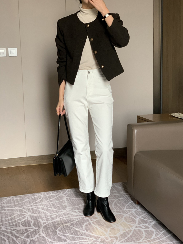 소프트 코튼 스판 슬림 일자 바지 여자 기모바지 면바지 여성 겨울팬츠 화이트 블랙 크림 - 상세 이미지 2