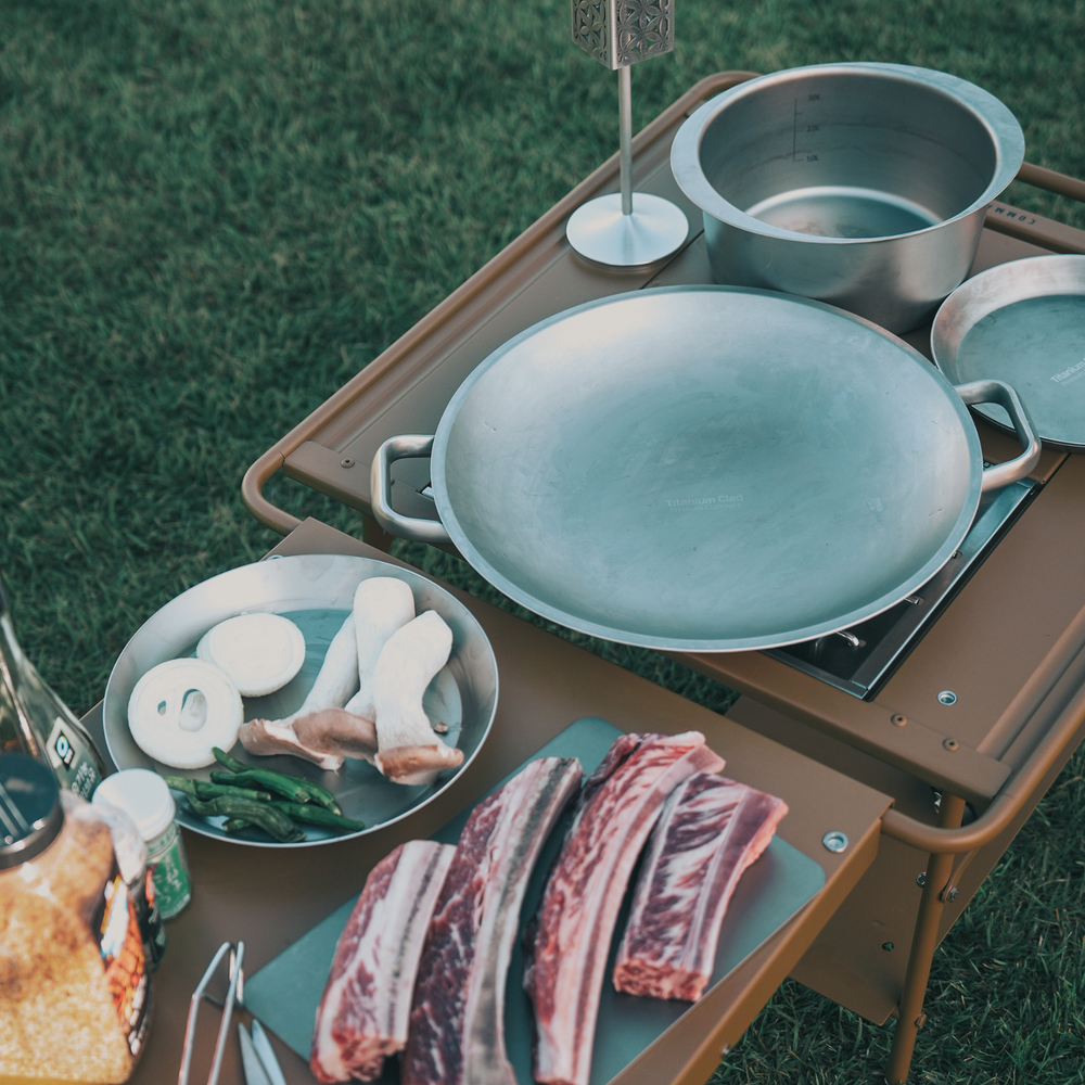 클래딘 리얼 티타늄 통3중 그리들 세트 5종 - 캠핑용 그리들 접시 도마 전용 가방