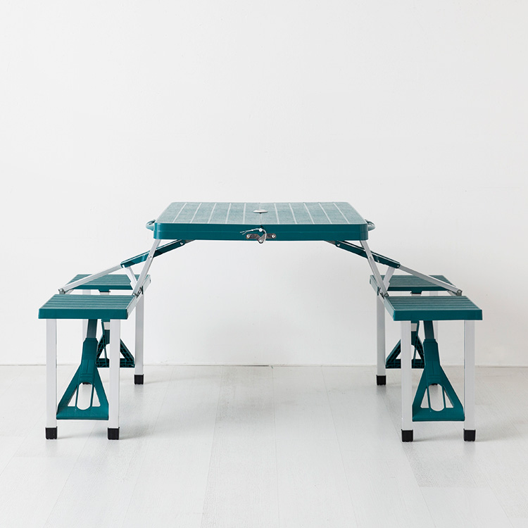 ROMIL 스마일 파라솔 베이지 + 캠폴 야외 접이식테이블 4인세트 의자일체형