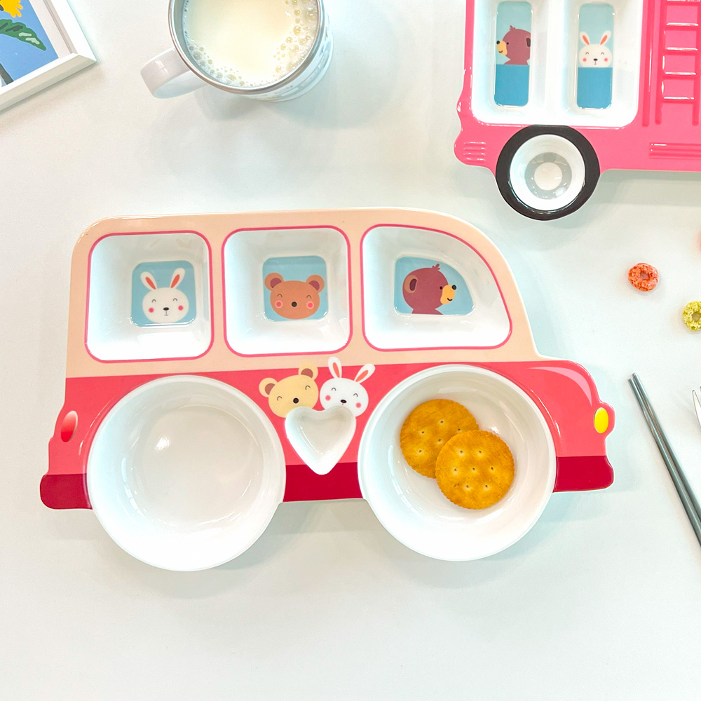 키즈 부릉 버스 멜라민 5구 식판 어린이집 자기주도 이유식 용기 간식접시 유아 아기 식기