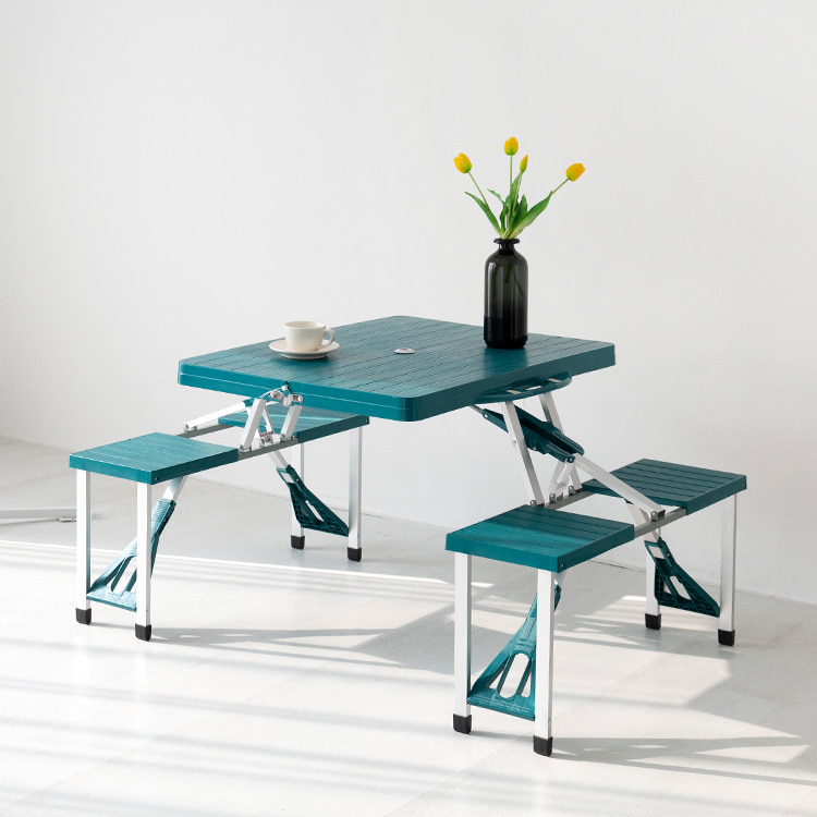 ROMIL 스마일 파라솔 베이지 + 캠폴 야외 접이식테이블 4인세트 의자일체형