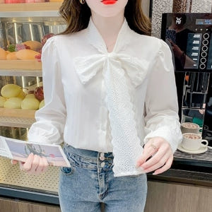 여자여자몰 펀칭레이스 왕리본 바스락 코튼블라우스 긴팔 레이어드블라우스 페... 착용 후기 | 사이즈/핏 총정리 - 상품 이미지 4