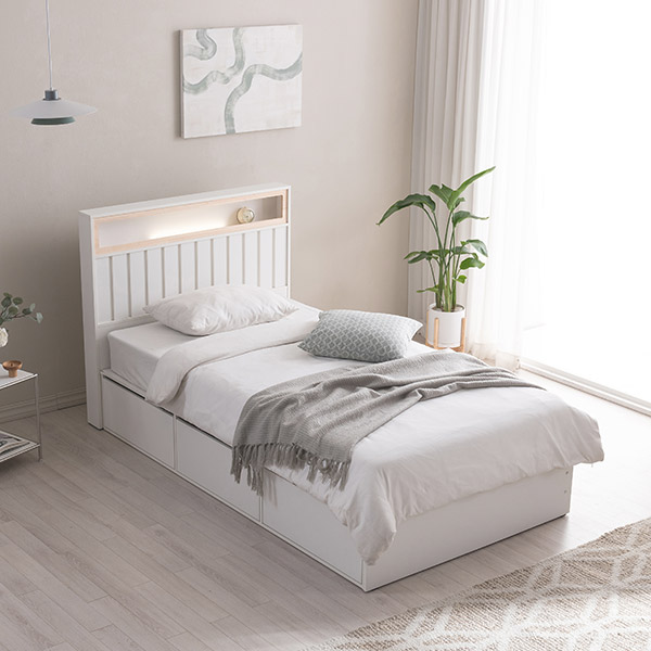 [삼익가구]히노 호텔식 편백나무 LED조명 빅수납 침대(SB 본넬스프링 매트리스-슈퍼싱글)