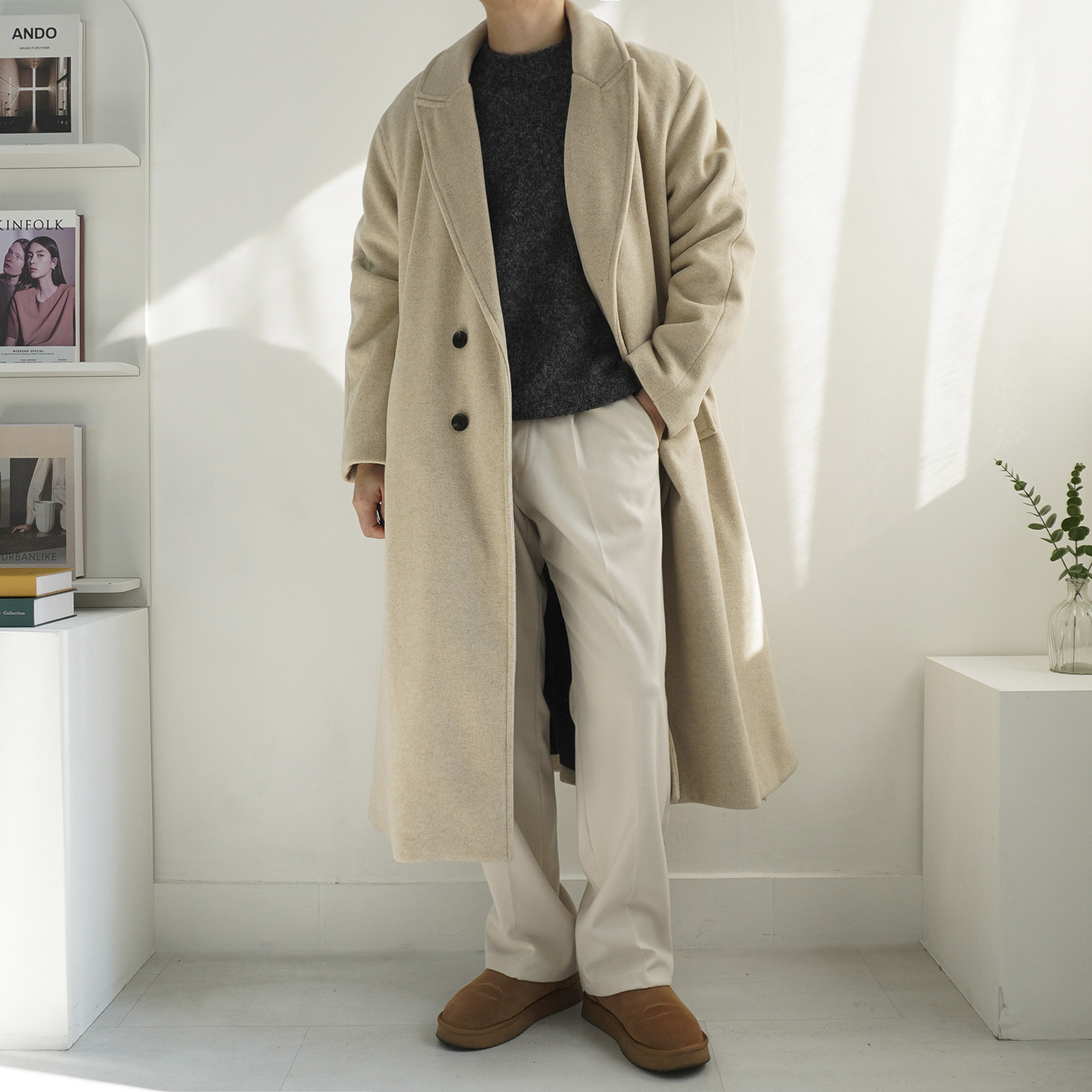 남자 뉴욕 감성 로브 가운 오버핏 울 싱글 롱코트 3color 이미지 2