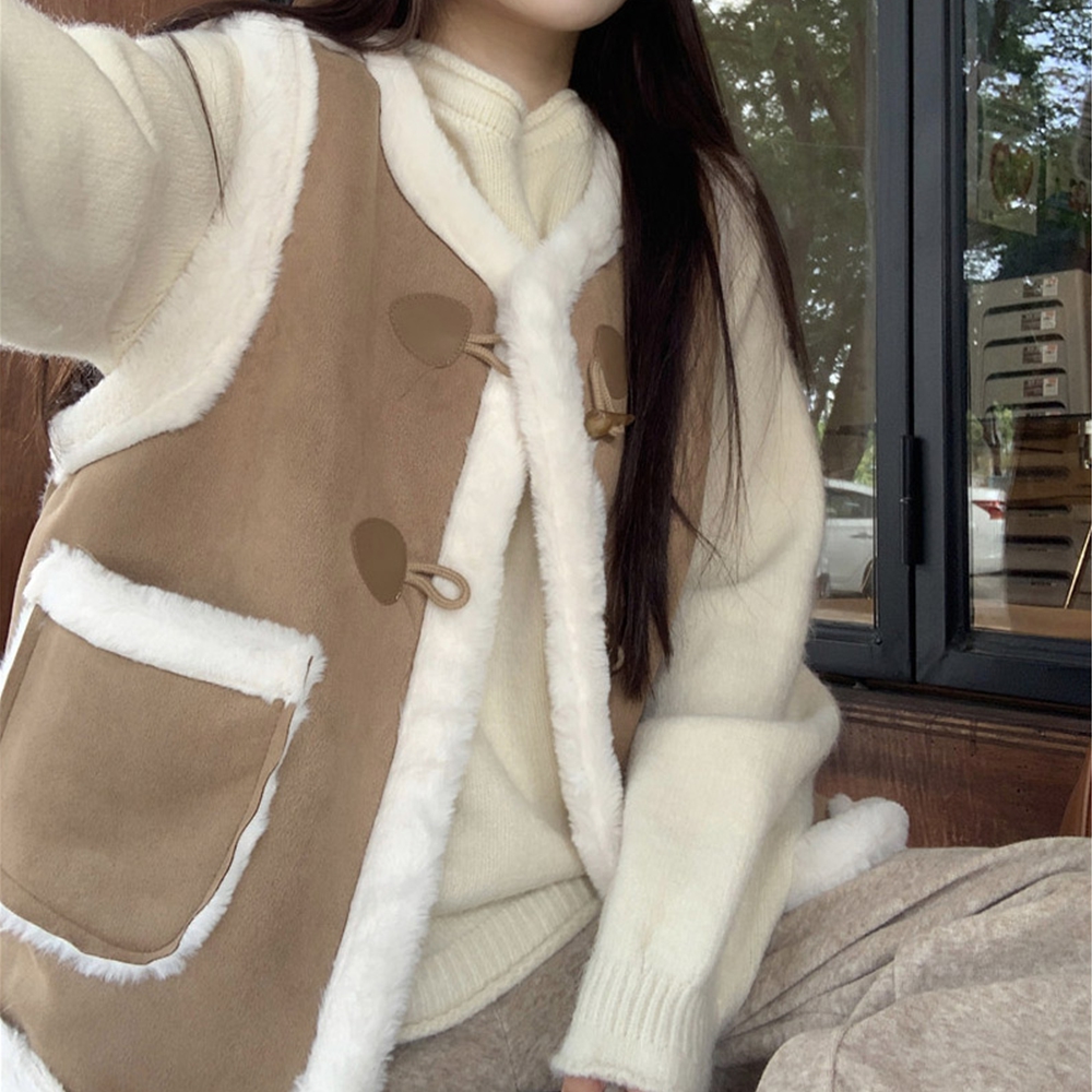 여성 무스탕 조끼 양털 겨울 떡볶이 숏 스웨이드 베스트 연말룩 - 상품 이미지