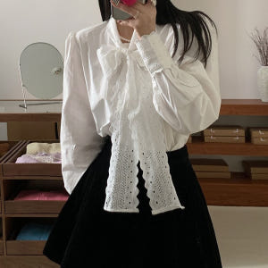 여자여자몰 펀칭레이스 왕리본 바스락 코튼블라우스 긴팔 레이어드블라우스 페... 착용 후기 | 사이즈/핏 총정리 - 상품 이미지 1