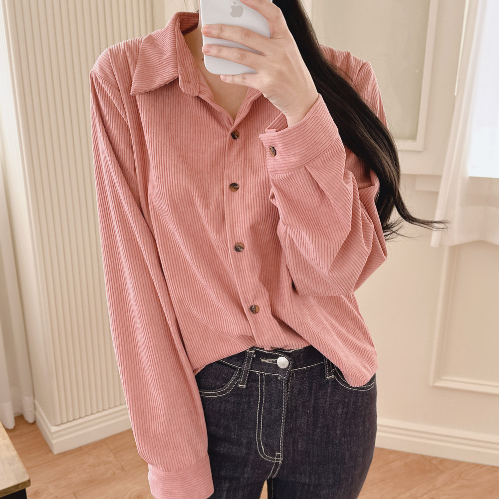코듀로이 셔츠 루즈핏 골덴 여성 남방 세미 크롭 셔츠 겨울 블라우스 핑크 검정 블루 이미지 7
