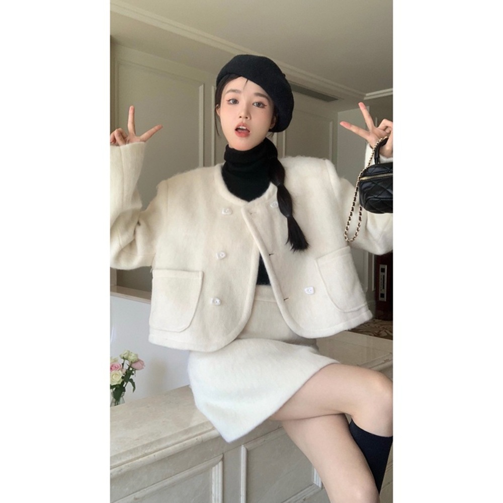 더블 브레스트 핑크 화이트 자켓 스커트 예쁜 디자인 코디 세트 투피스 하객룩 오피스 데이트 - 상세 이미지 5