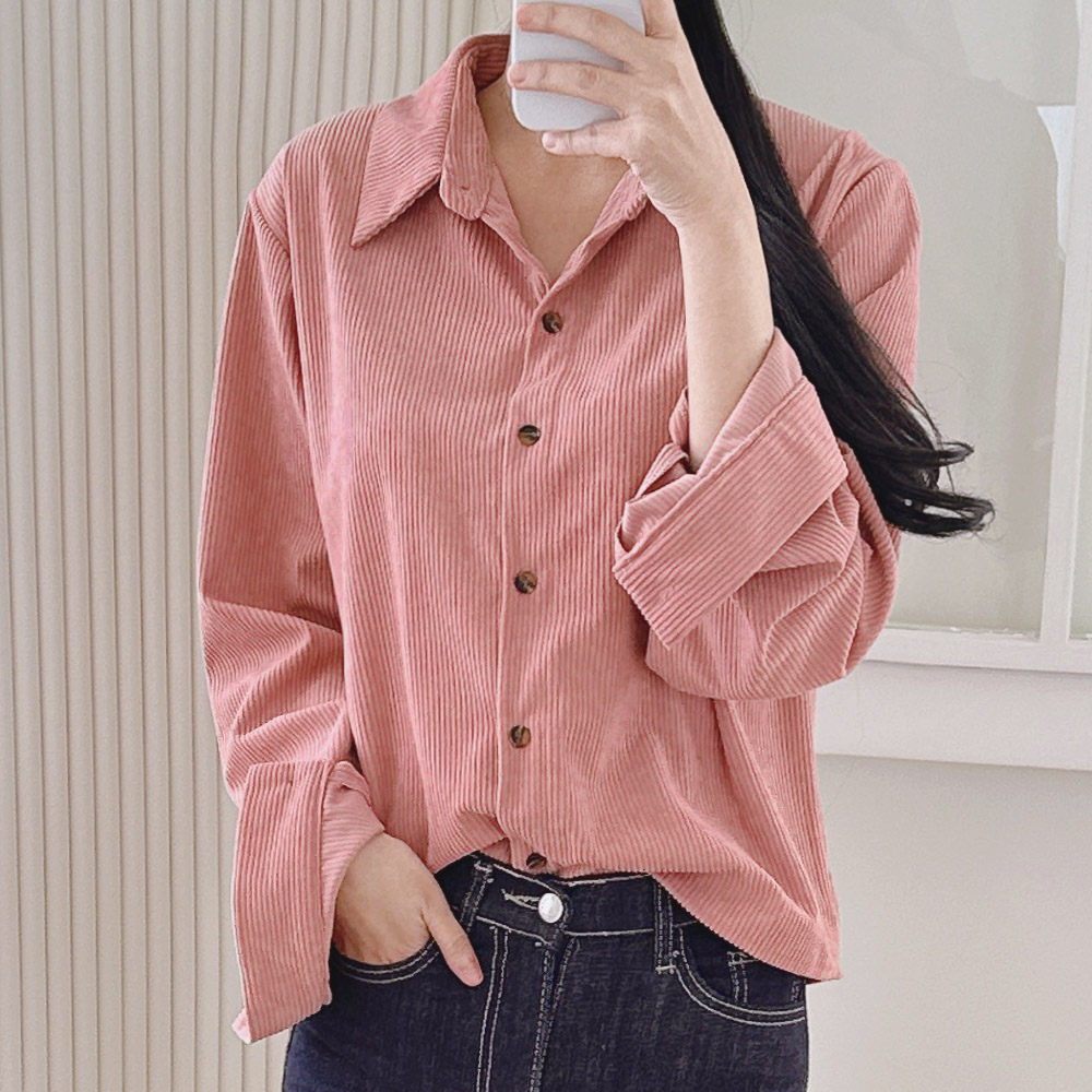 코듀로이 셔츠 루즈핏 골덴 여성 남방 세미 크롭 셔츠 겨울 블라우스 핑크 검정 블루 - 상세 이미지 2