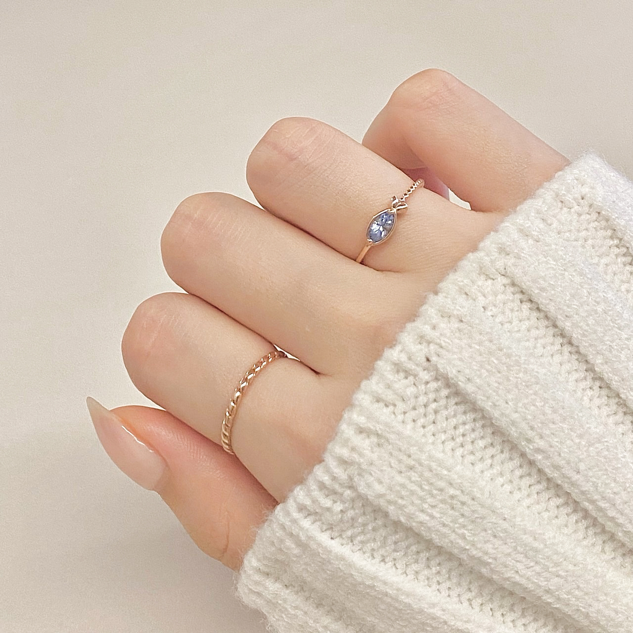 14K 18K 물고기 꼬임 반지 심플 언발 미스 링 마퀴즈 아쿠아마린 이미지 3