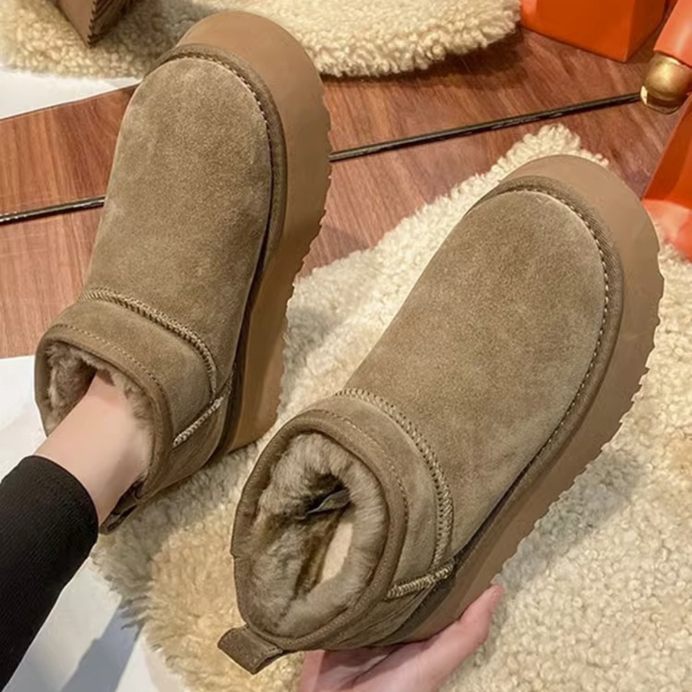 여성 키높이 통굽 스웨이드 쇼트 스노우 털 부츠 귀여운 따뜻한 방한 겨울 굽4CM 3컬러 - 상품 이미지