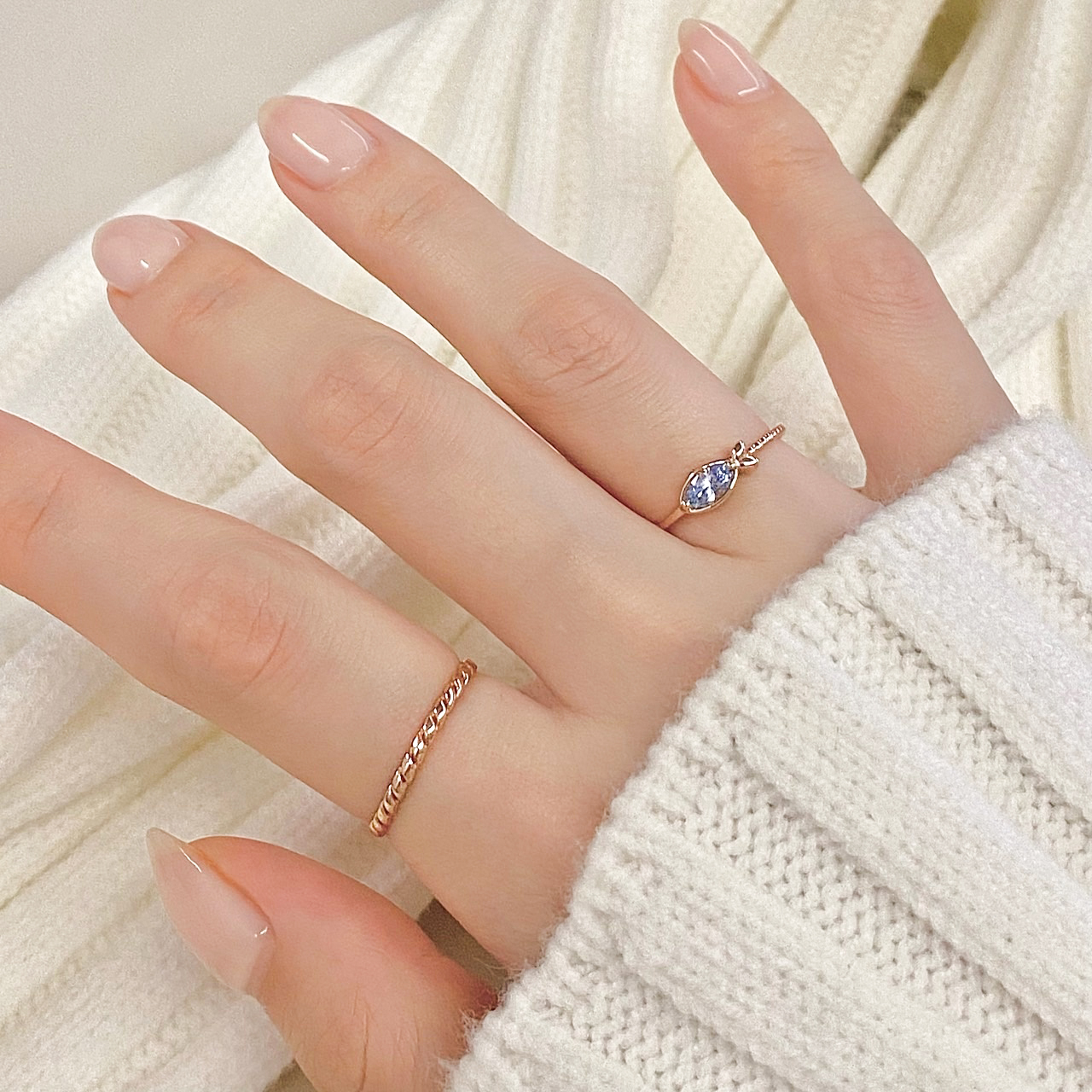 14K 18K 물고기 꼬임 반지 심플 언발 미스 링 마퀴즈 아쿠아마린 이미지 2