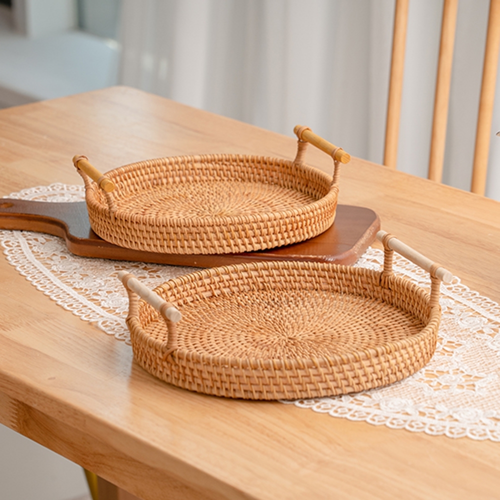 원형 라탄트레이 손잡이 간식바구니 카페 과일 빵바구니 2p