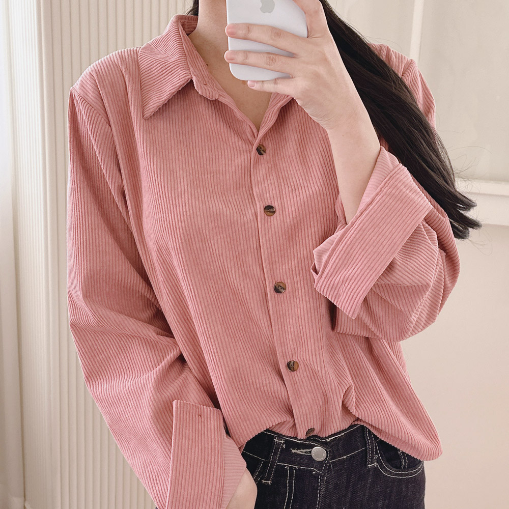 코듀로이 셔츠 루즈핏 골덴 여성 남방 세미 크롭 셔츠 겨울 블라우스 핑크 검정 블루 - 상세 이미지 3