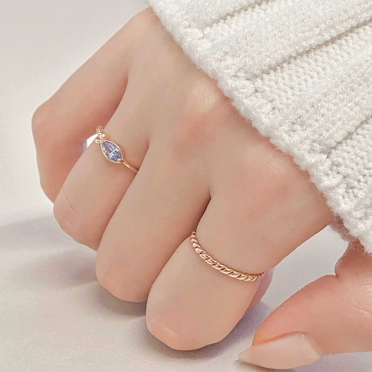14K 18K 물고기 꼬임 반지 심플 언발 미스 링 마퀴즈 아쿠아마린 이미지 4