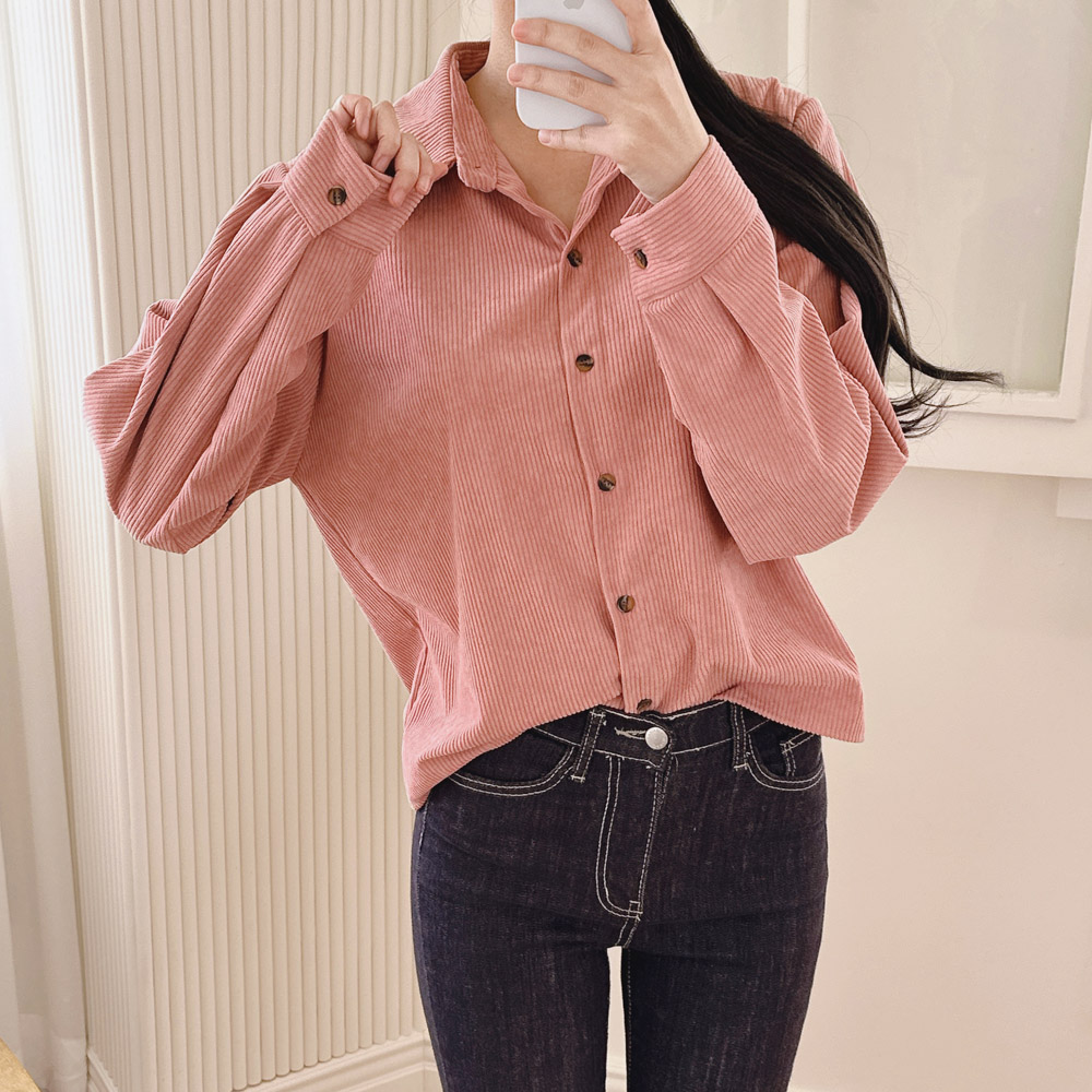 코듀로이 셔츠 루즈핏 골덴 여성 남방 세미 크롭 셔츠 겨울 블라우스 핑크 검정 블루 - 상세 이미지 5