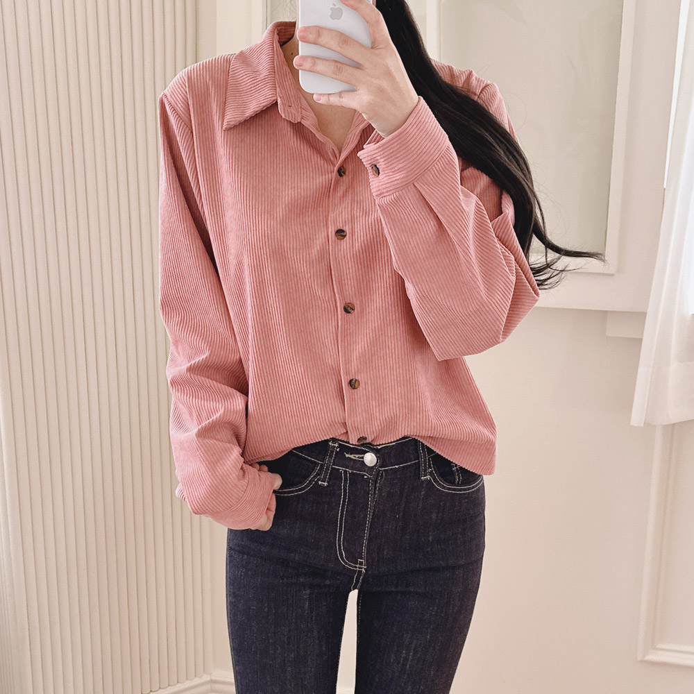 코듀로이 셔츠 루즈핏 골덴 여성 남방 세미 크롭 셔츠 겨울 블라우스 핑크 검정 블루 - 상세 이미지 4