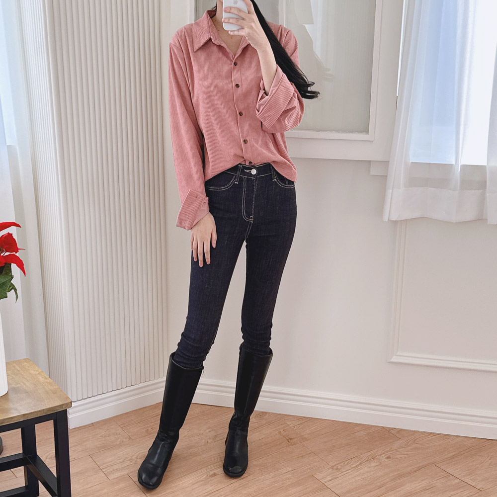 코듀로이 셔츠 루즈핏 골덴 여성 남방 세미 크롭 셔츠 겨울 블라우스 핑크 검정 블루 이미지 6
