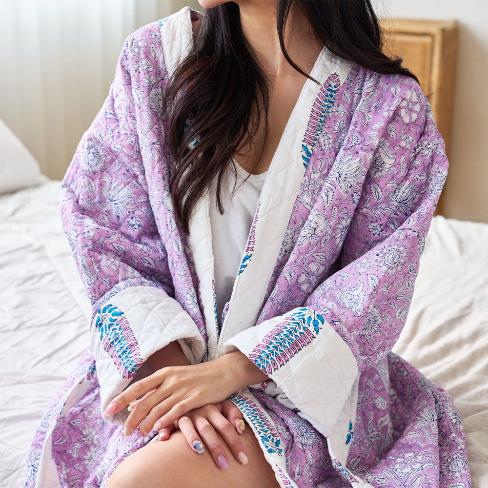 구름로브 라벤더 핸드블록프린트 사계절 샤워가운 프리사이즈 여성 홈웨어