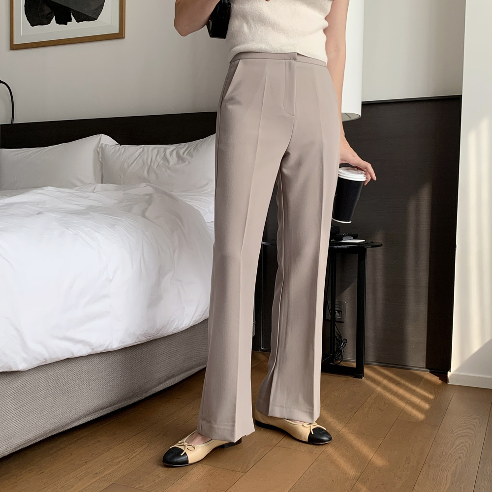 하이웨스트 슬릿 부츠컷 와이드슬랙스 세미 와이드팬츠 여성 정장 나팔바지 여자슬랙스 베이지 - 상품 이미지