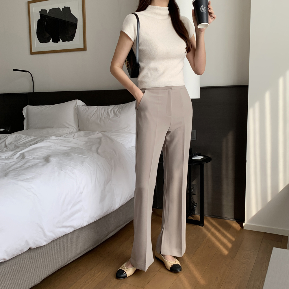 하이웨스트 슬릿 부츠컷 와이드슬랙스 세미 와이드팬츠 여성 정장 나팔바지 여자슬랙스 베이지 - 상세 이미지 3