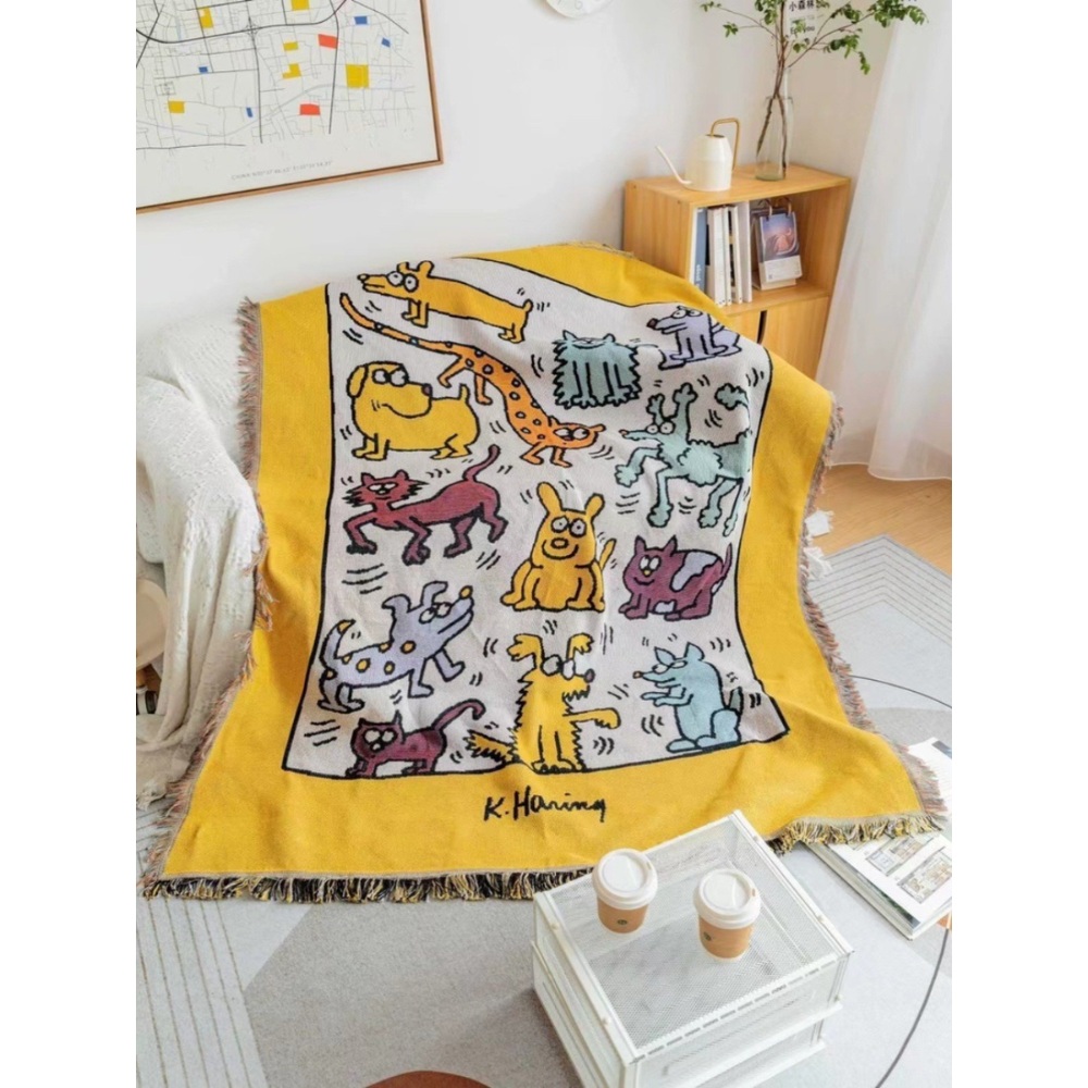 키스해링 강아지 담요 낙서 태피스트리 캐쥬얼 소파 커버 캠핑 차박 블랭킷 인테리어 감성 - 상세 이미지 2