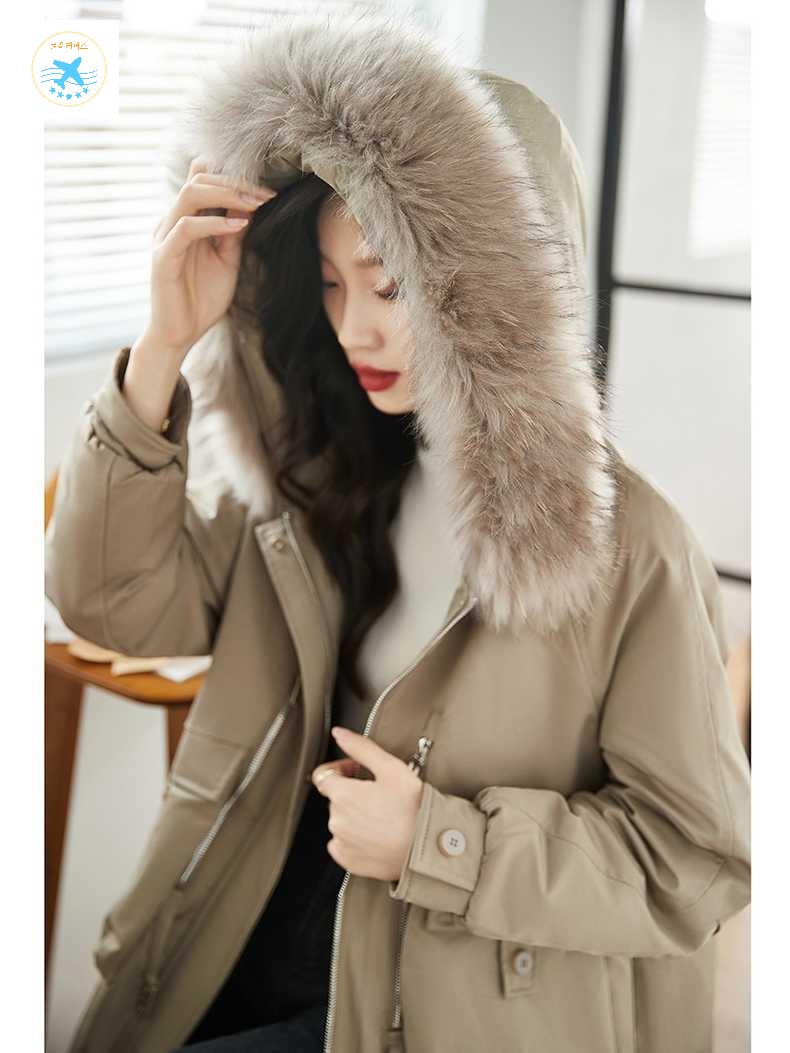 다운 덕다운 탈부착 여성 야상 오리털 패션 너구리털 롱패딩 후드 오버사이즈 겨울 - 상세 이미지 5