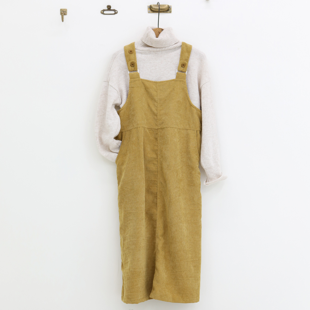 코듀로이 버튼 절개 H라인 루즈핏 롱 멜빵원피스 골덴 뷔스티에 스퀘어넥