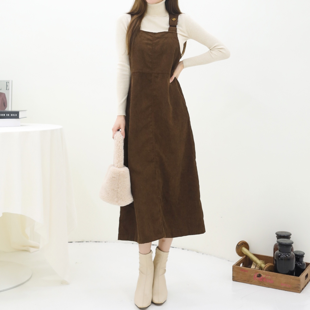 코듀로이 버튼 절개 H라인 루즈핏 롱 멜빵원피스 골덴 뷔스티에 스퀘어넥