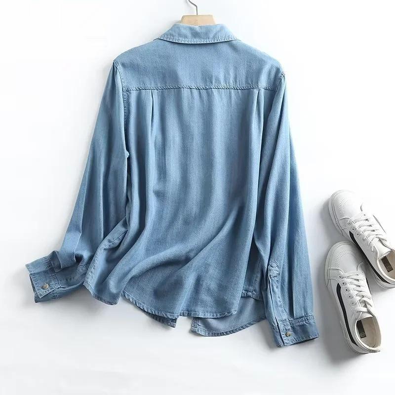 2024 봄 여성 데님 셔츠 Draped Tencel 청남방 세련된 브이넷 루즈핏 - 상세 이미지 2