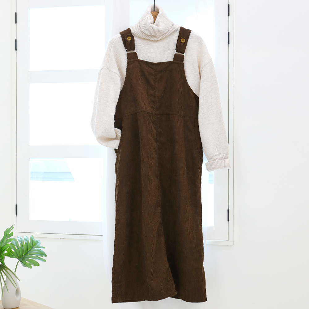 코듀로이 버튼 절개 H라인 루즈핏 롱 멜빵원피스 골덴 뷔스티에 스퀘어넥