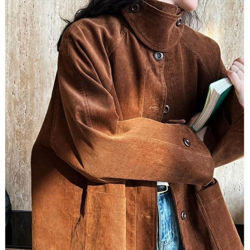 여성 봄 가을 코듀로이 자켓 레트로 오버사이즈 따뜻한 퀼팅 - 상품 이미지