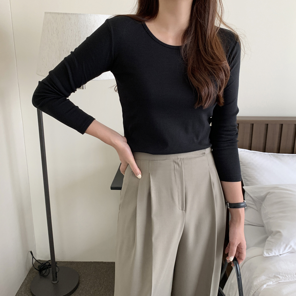 부드러운 코튼 스판 U넥 이너 모달티 여성 봄 티셔츠 면 기본 여자 긴팔 레이어드티 이미지 4