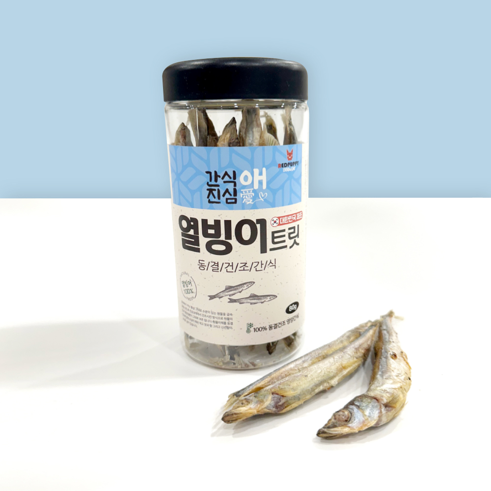 간식애진심 국내생산 동결건조 애견간식 고양이 뼈건강 고혈압안정 열빙어트릿 80g - 상품 이미지