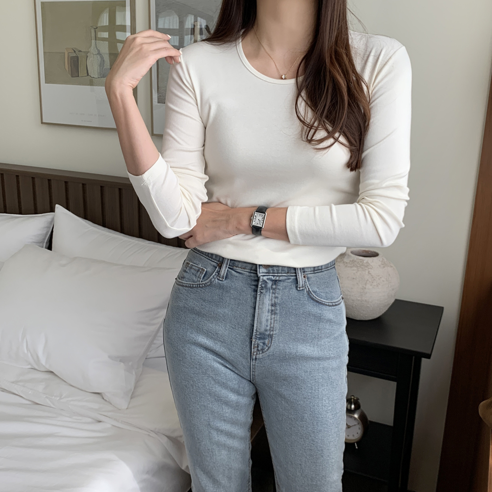 부드러운 코튼 스판 U넥 이너 모달티 여성 봄 티셔츠 면 기본 여자 긴팔 레이어드티 이미지 2